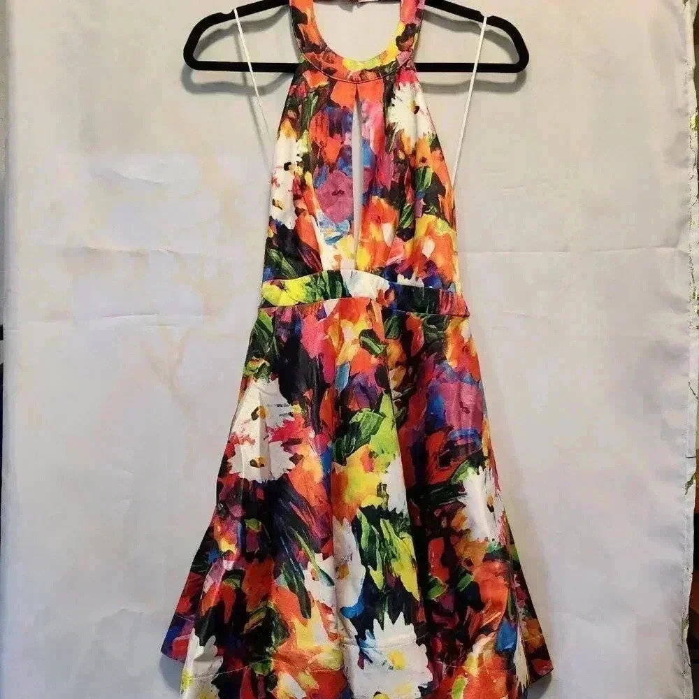 NWT Luxxel Mini Fit & Flare Halter Dress Womens‎ S Multicolor Keyhole Open Back